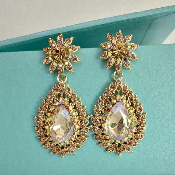 Art Deco Champagne Gold Chandelier Earrings, Gold Crystal Rhinestone Bridal Earrings, Topaz Crystal Wedding Earrings, Champagne Wedding