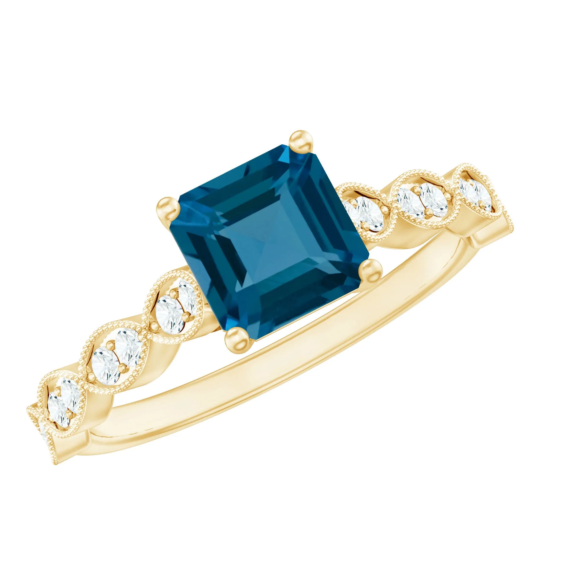 Asscher Cut London Blue Topaz Solitaire Ring with Diamond Side Stones