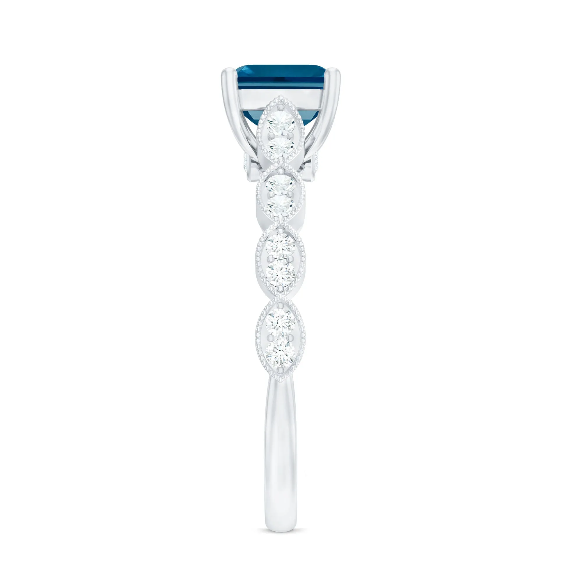 Asscher Cut London Blue Topaz Solitaire Ring with Diamond Side Stones