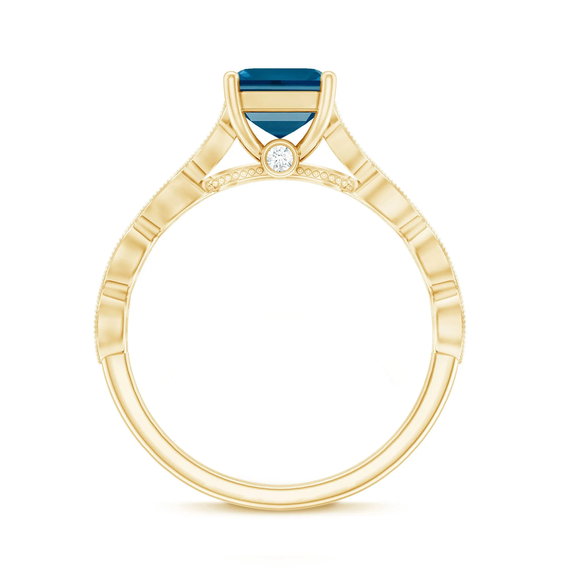 Asscher Cut London Blue Topaz Solitaire Ring with Diamond Side Stones