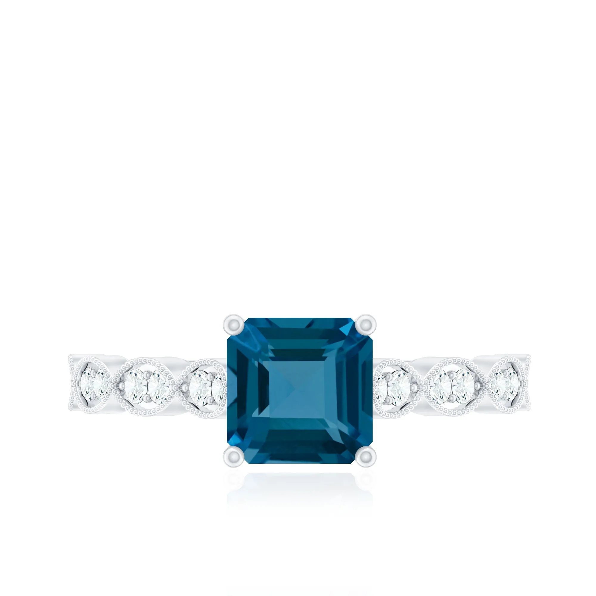 Asscher Cut London Blue Topaz Solitaire Ring with Diamond Side Stones