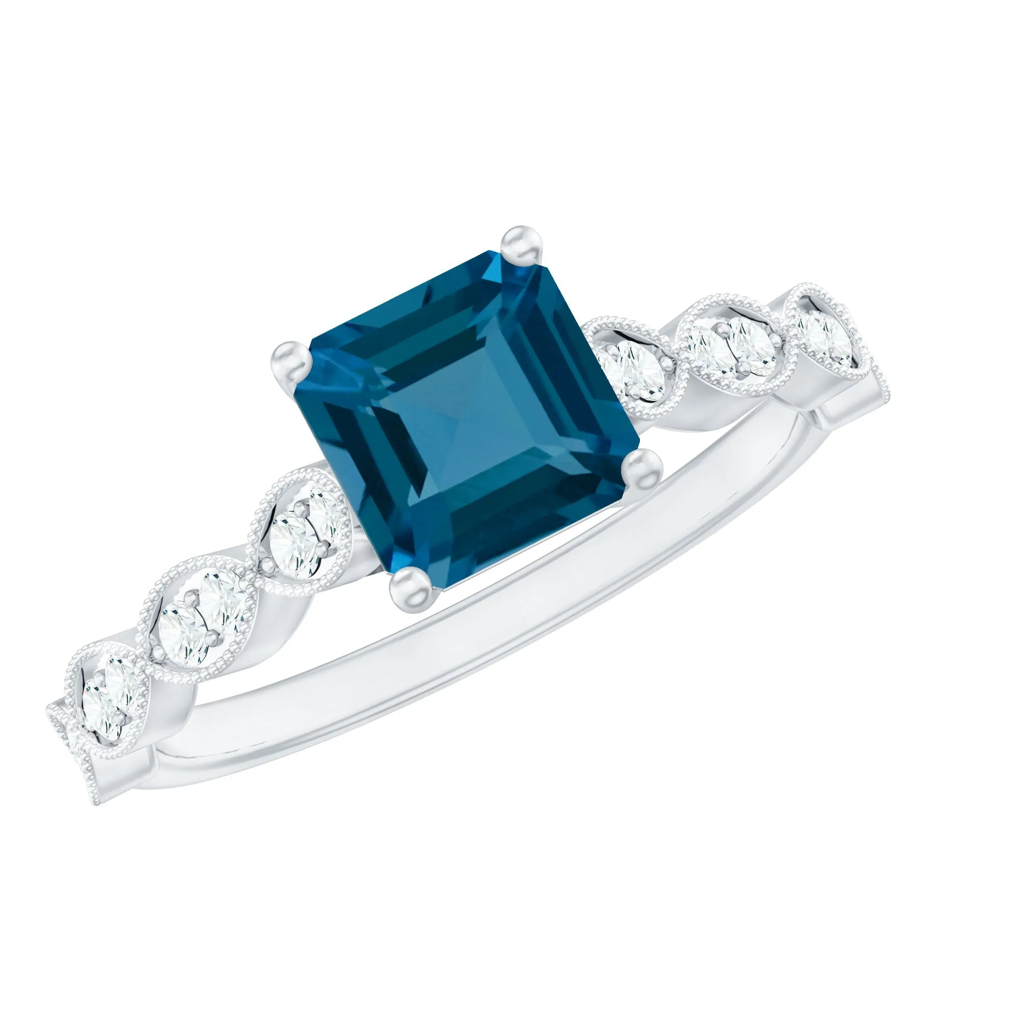 Asscher Cut London Blue Topaz Solitaire Ring with Diamond Side Stones