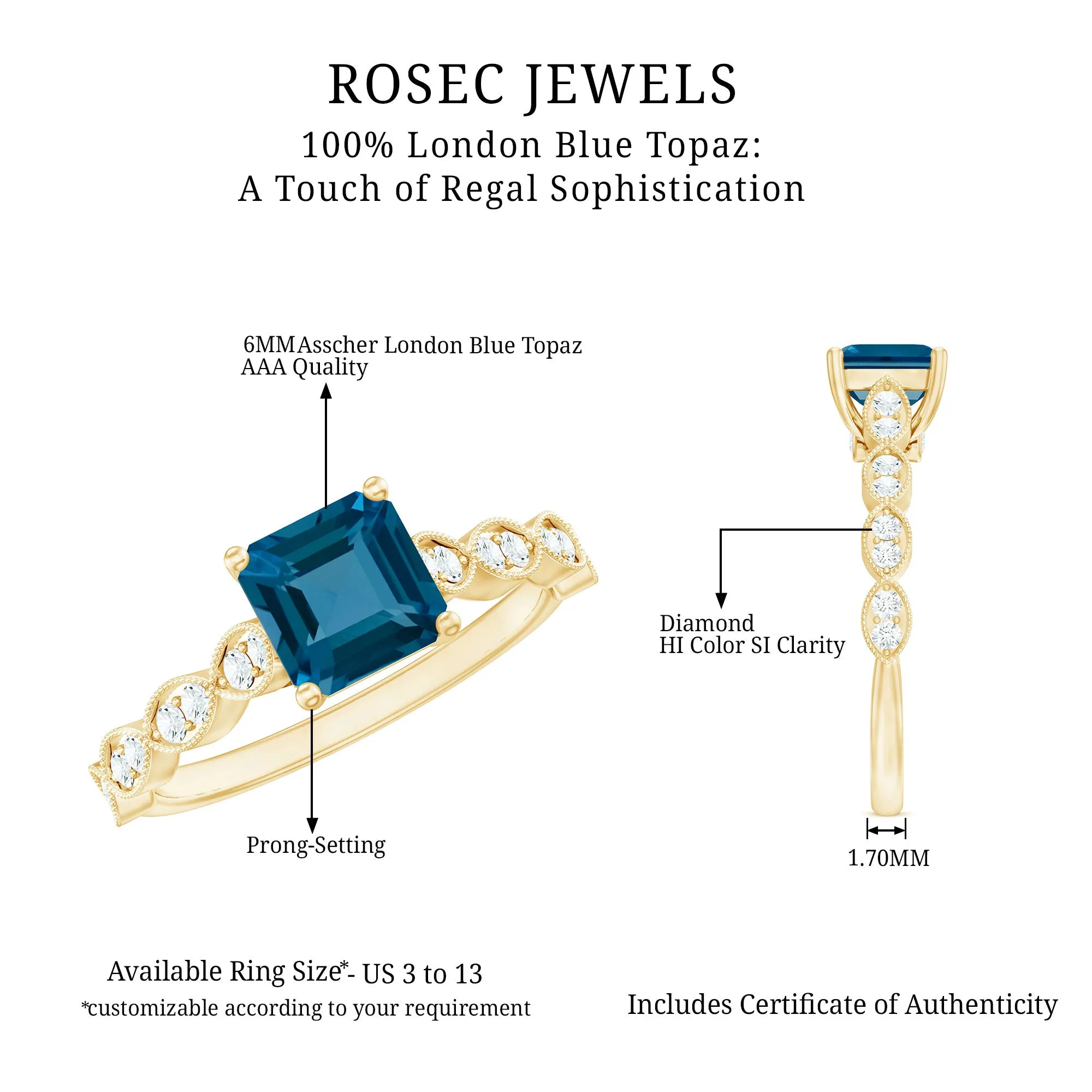 Asscher Cut London Blue Topaz Solitaire Ring with Diamond Side Stones