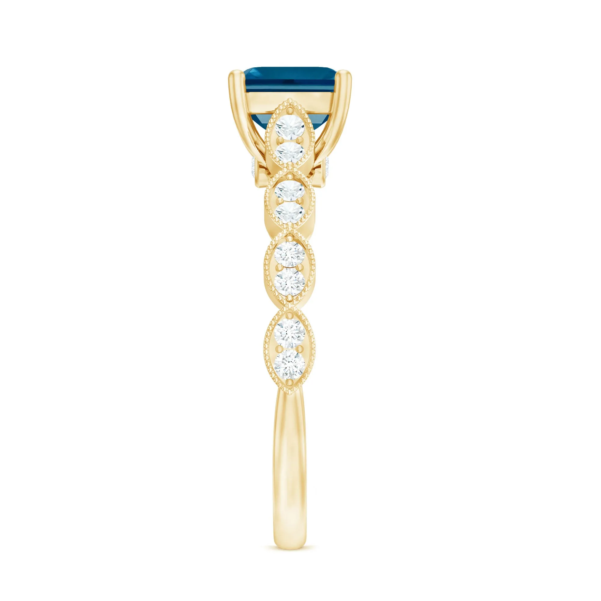 Asscher Cut London Blue Topaz Solitaire Ring with Diamond Side Stones