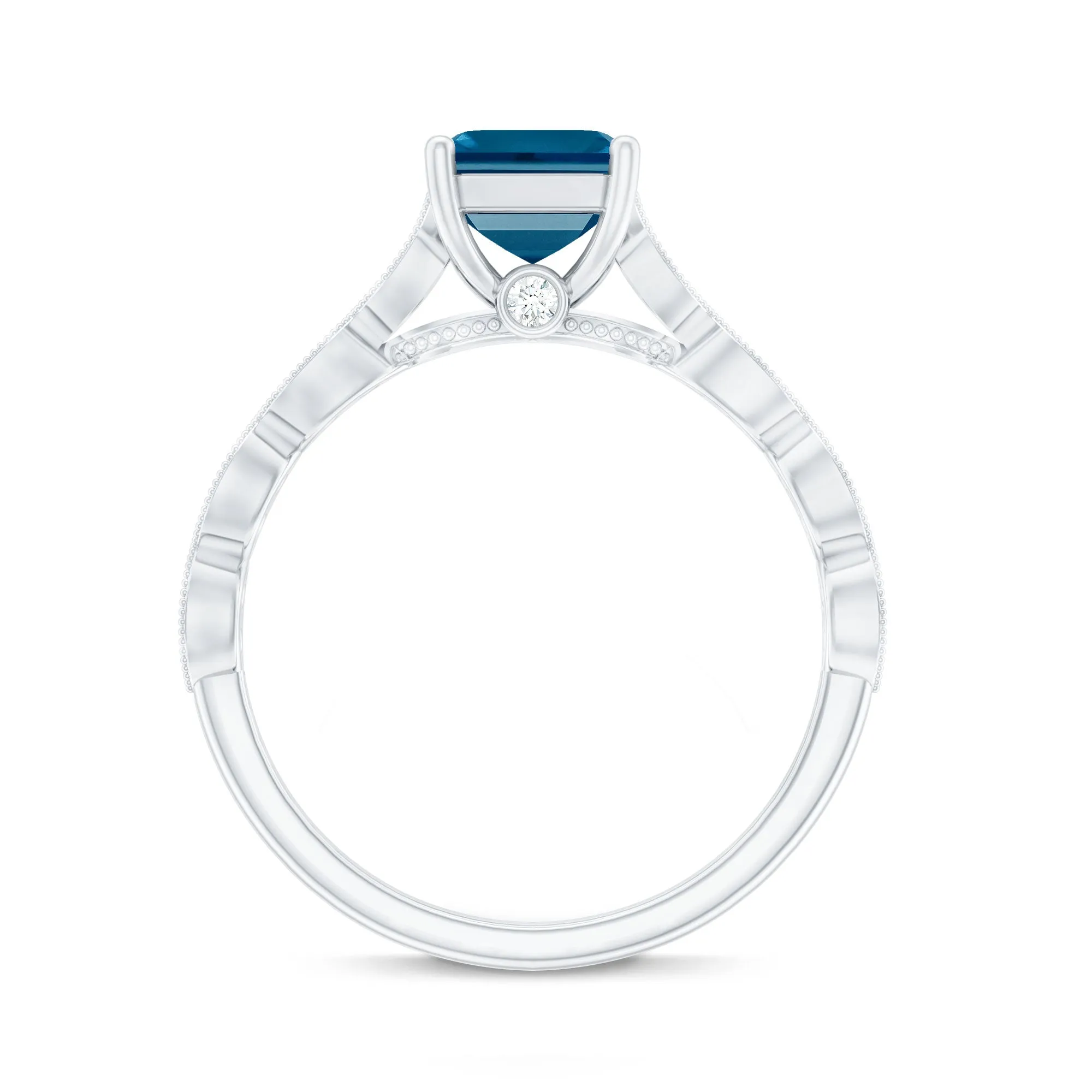 Asscher Cut London Blue Topaz Solitaire Ring with Diamond Side Stones