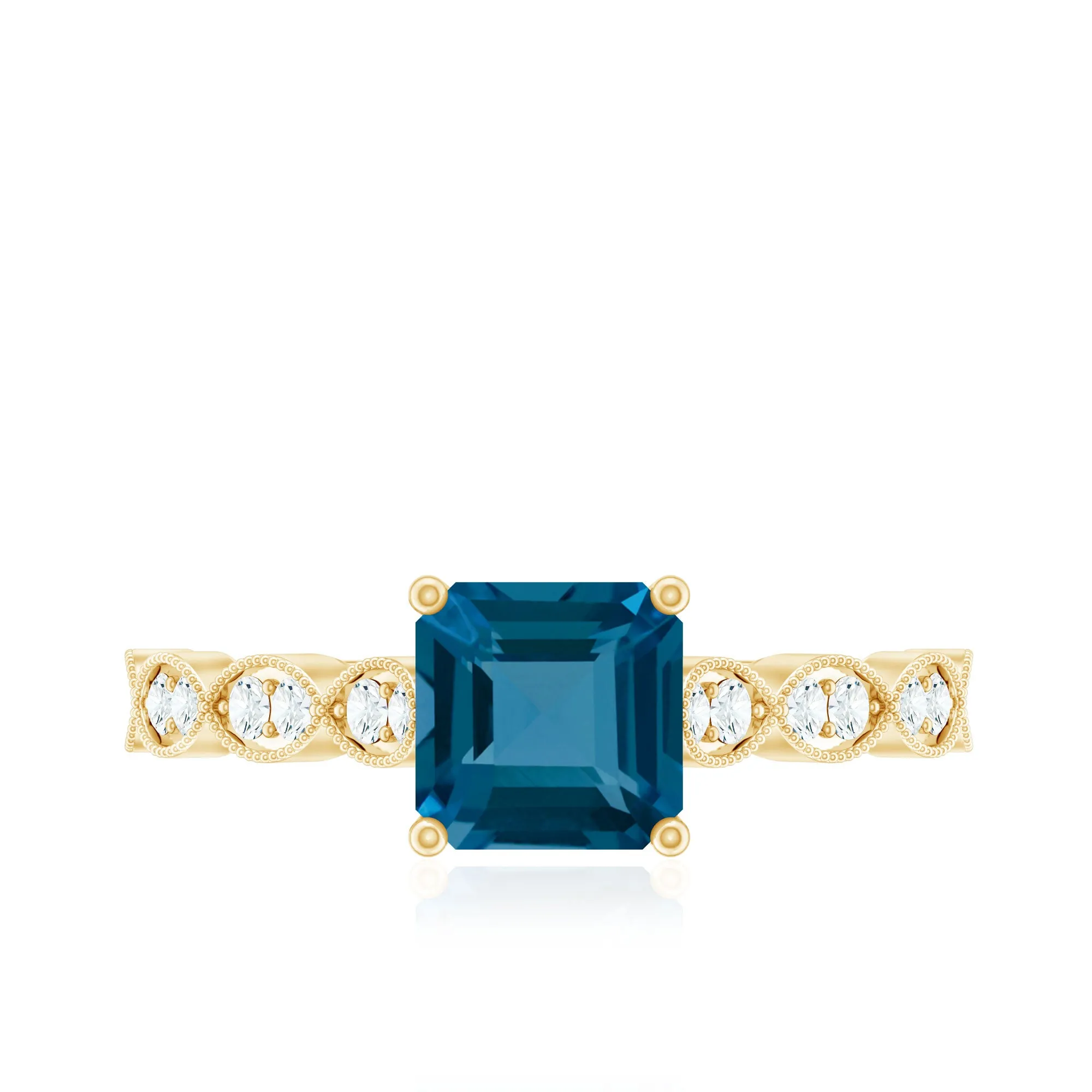 Asscher Cut London Blue Topaz Solitaire Ring with Diamond Side Stones