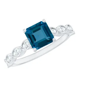 Asscher Cut London Blue Topaz Solitaire Ring with Diamond Side Stones