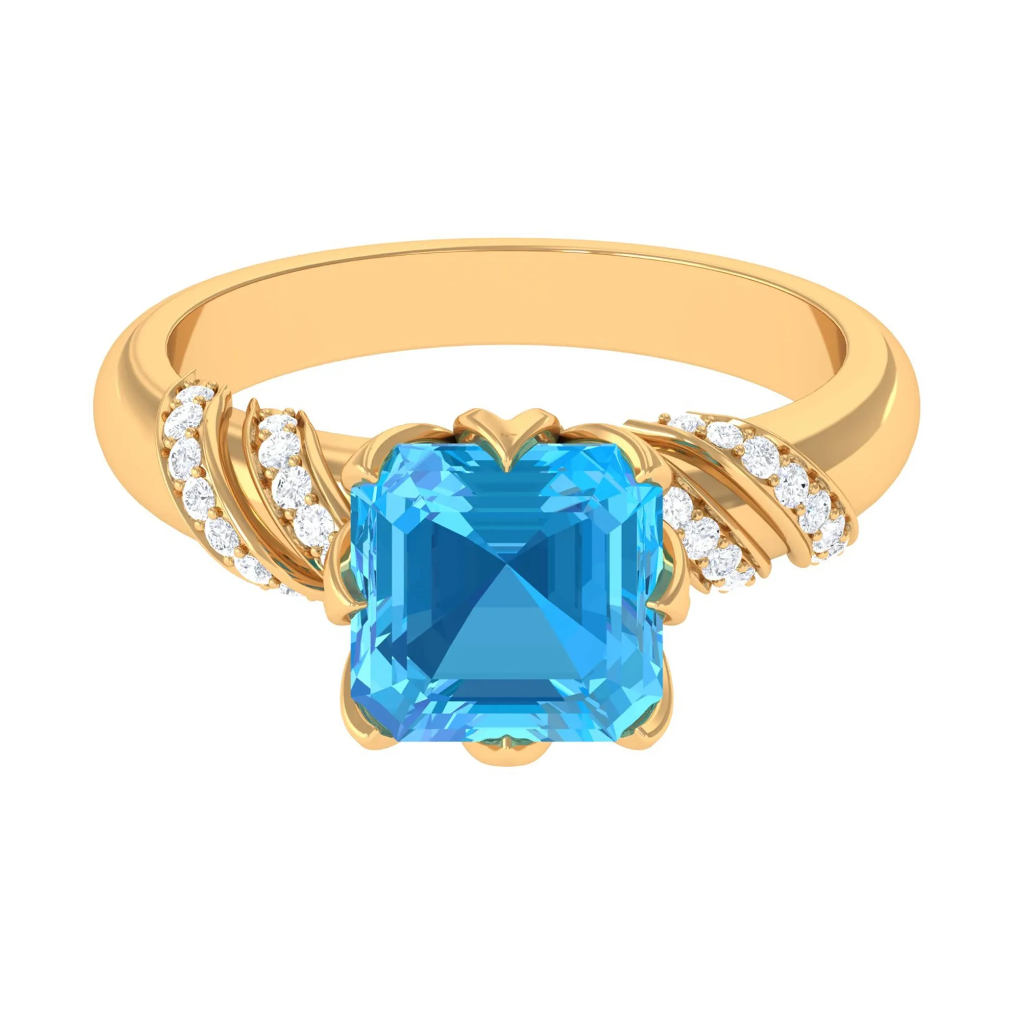 Asscher Cut Swiss Blue Topaz Designer Engagement Ring with Diamond