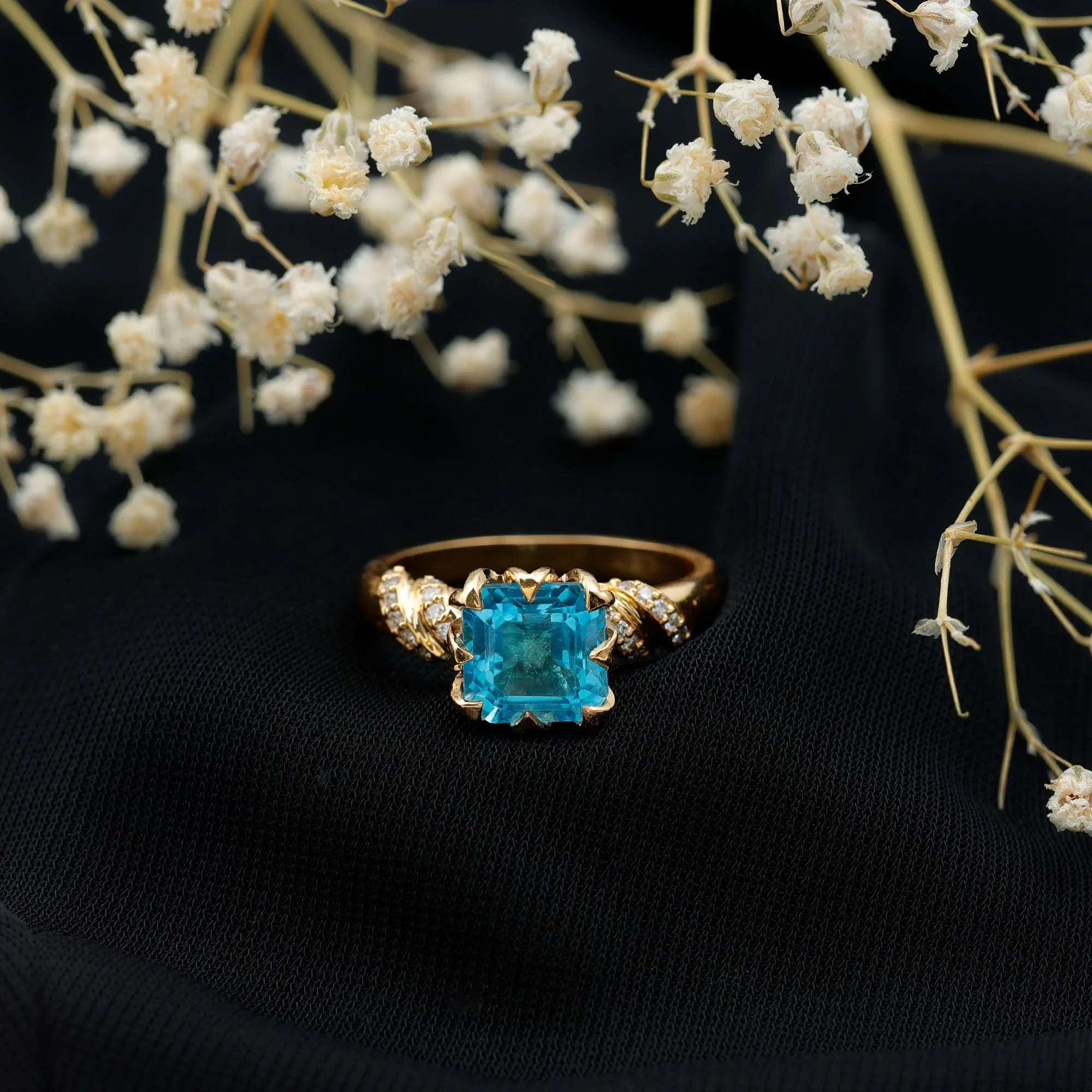 Asscher Cut Swiss Blue Topaz Designer Engagement Ring with Diamond