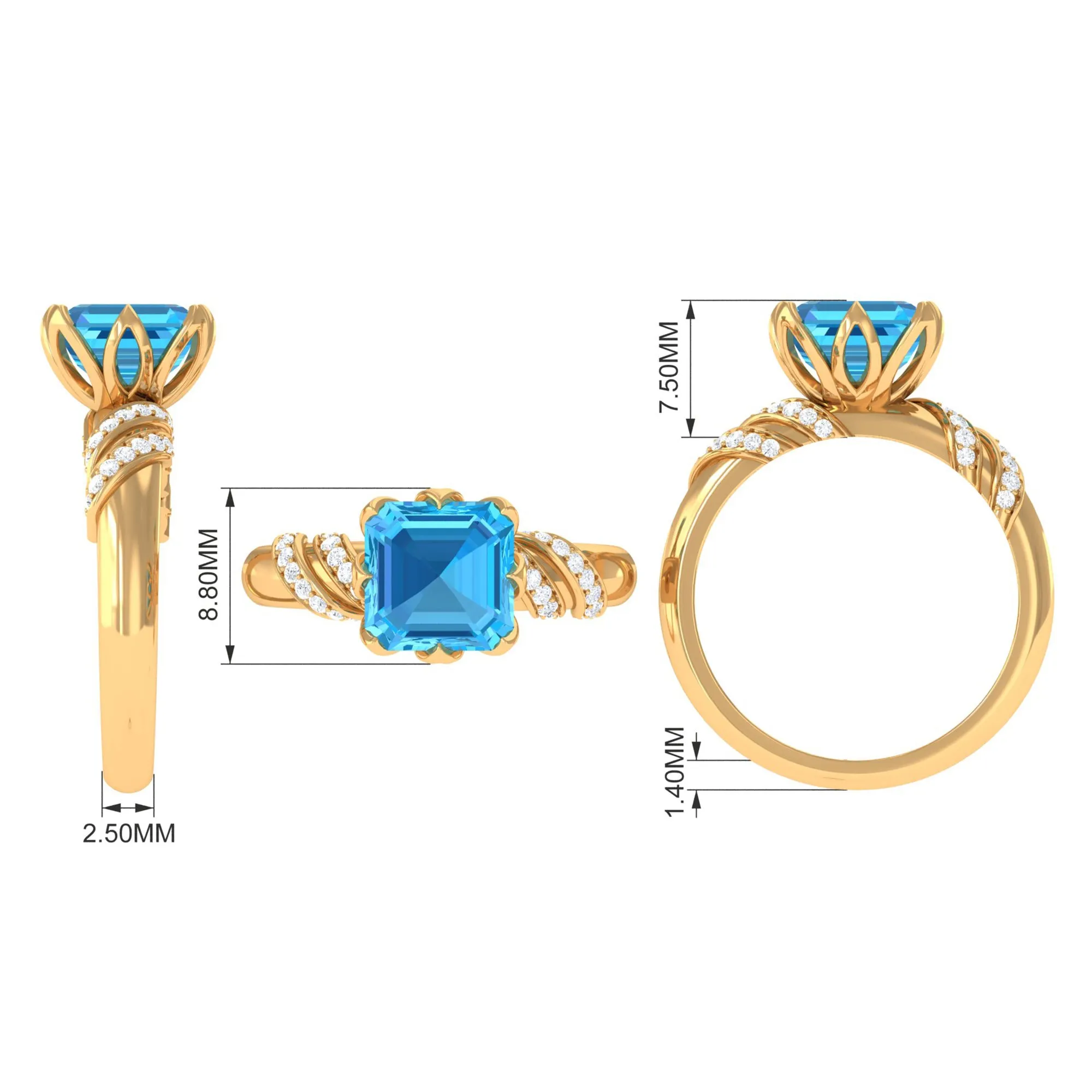 Asscher Cut Swiss Blue Topaz Designer Engagement Ring with Diamond