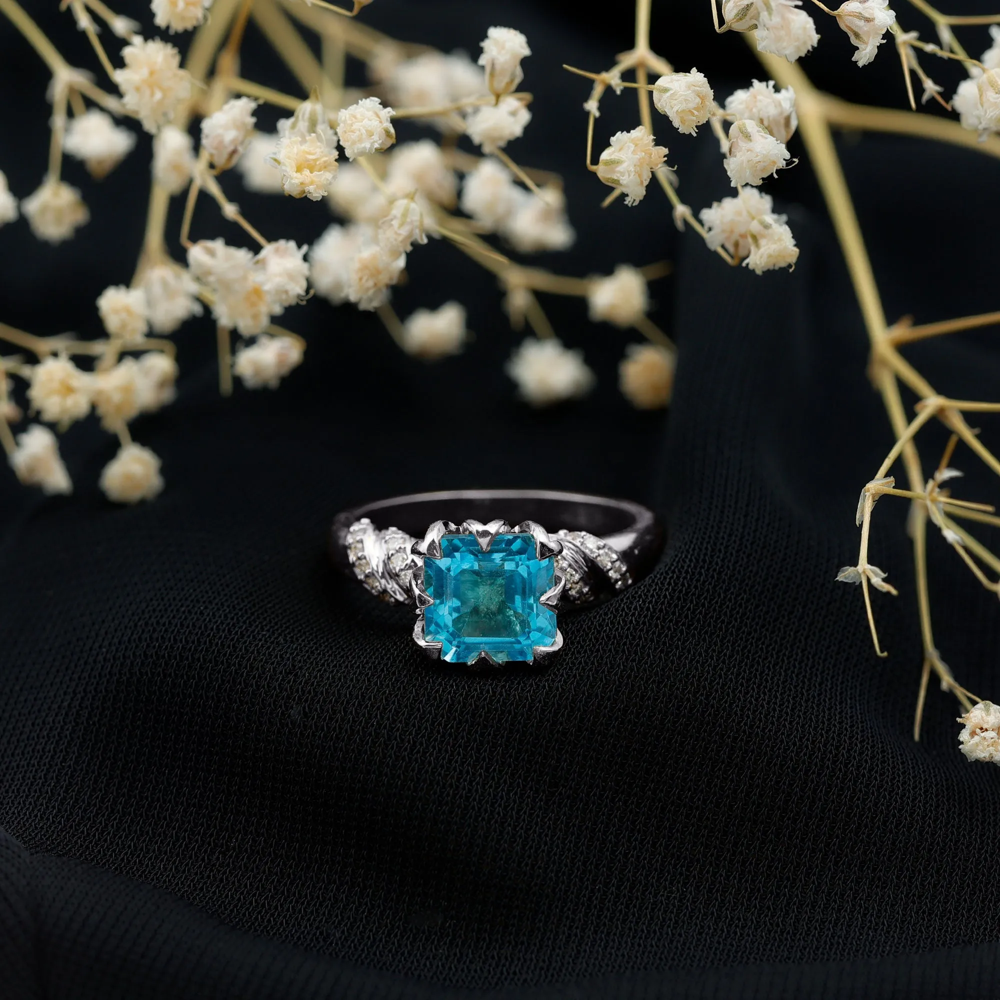 Asscher Cut Swiss Blue Topaz Designer Engagement Ring with Diamond