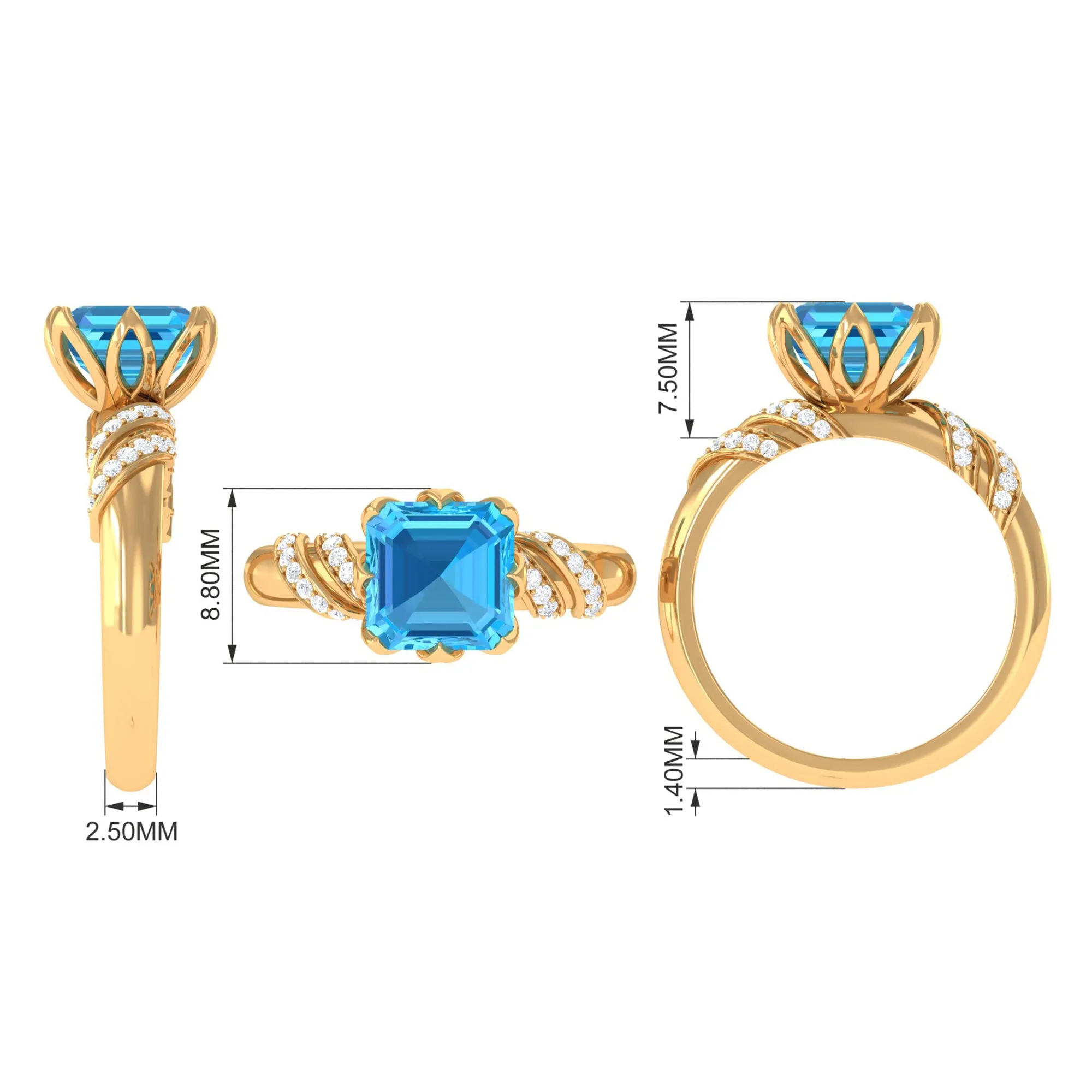 Asscher Cut Swiss Blue Topaz Designer Engagement Ring with Diamond