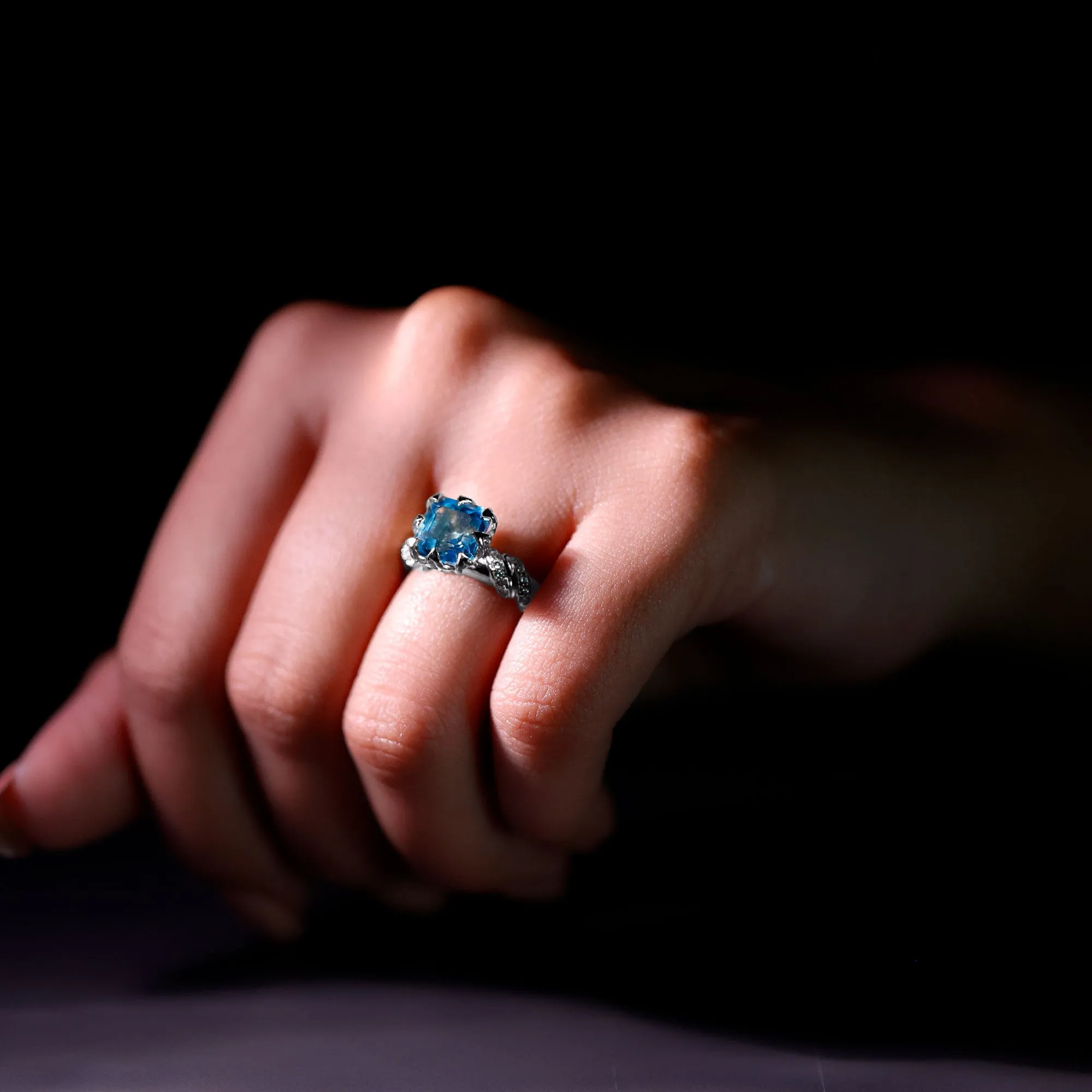 Asscher Cut Swiss Blue Topaz Designer Engagement Ring with Diamond