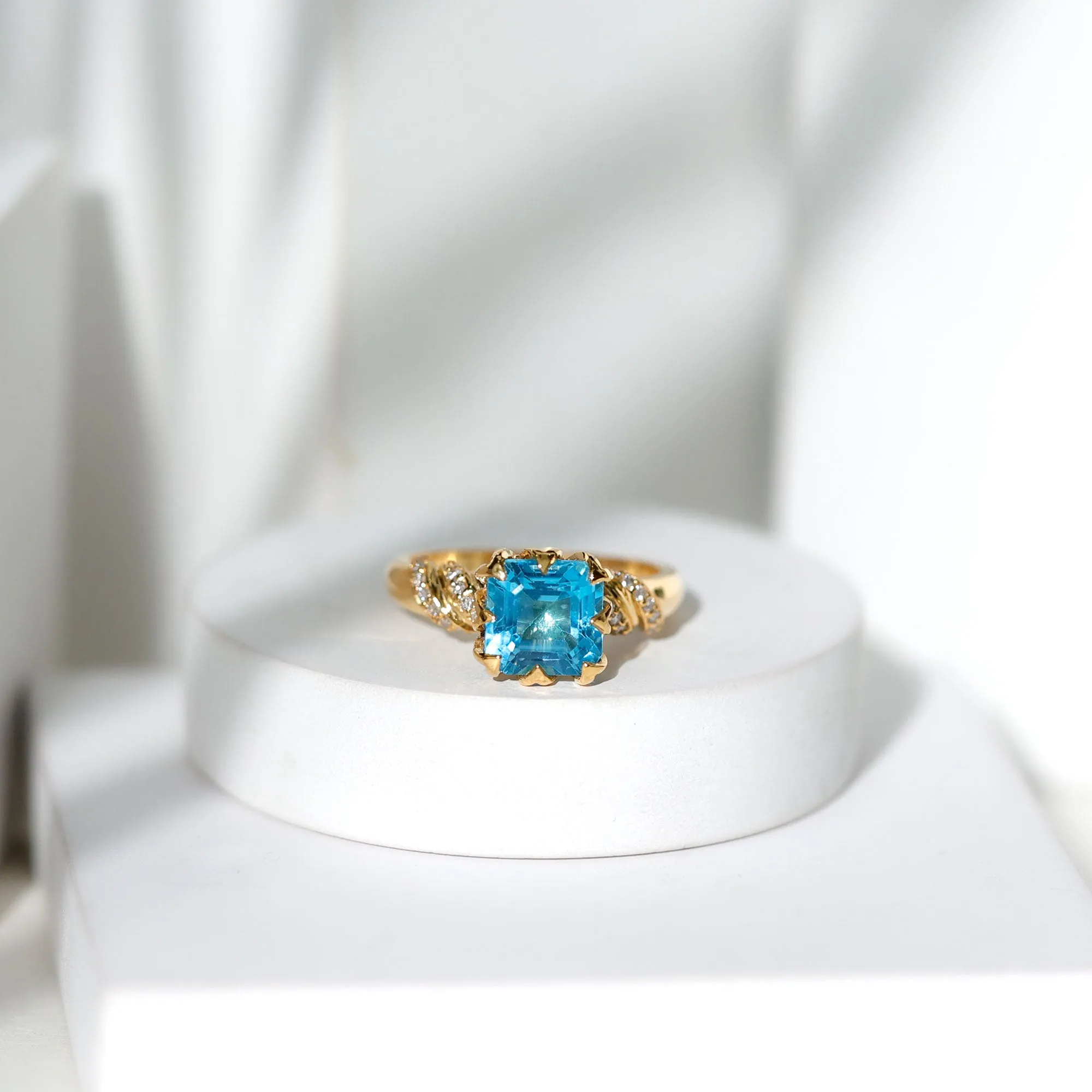 Asscher Cut Swiss Blue Topaz Designer Engagement Ring with Diamond