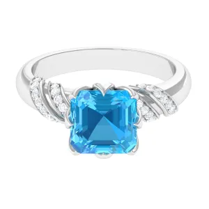 Asscher Cut Swiss Blue Topaz Designer Engagement Ring with Diamond