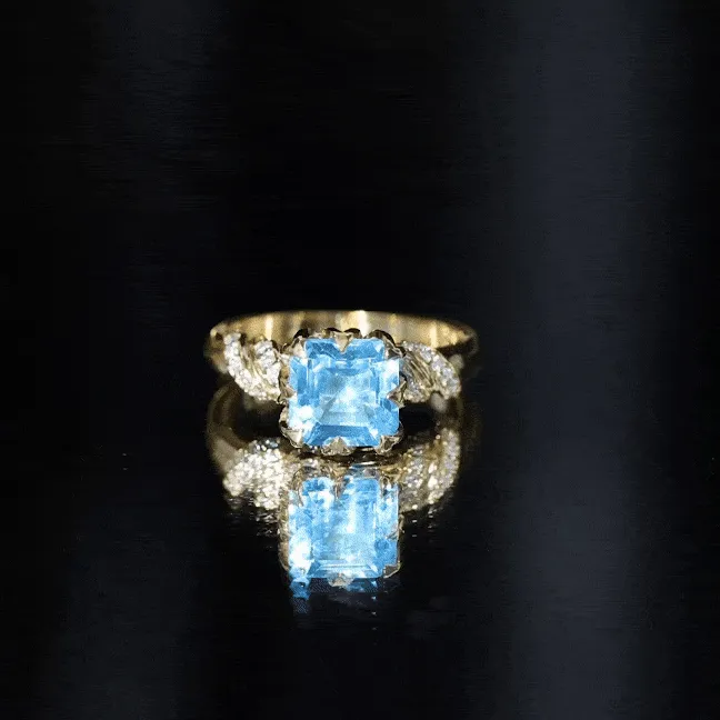 Asscher Cut Swiss Blue Topaz Designer Engagement Ring with Diamond