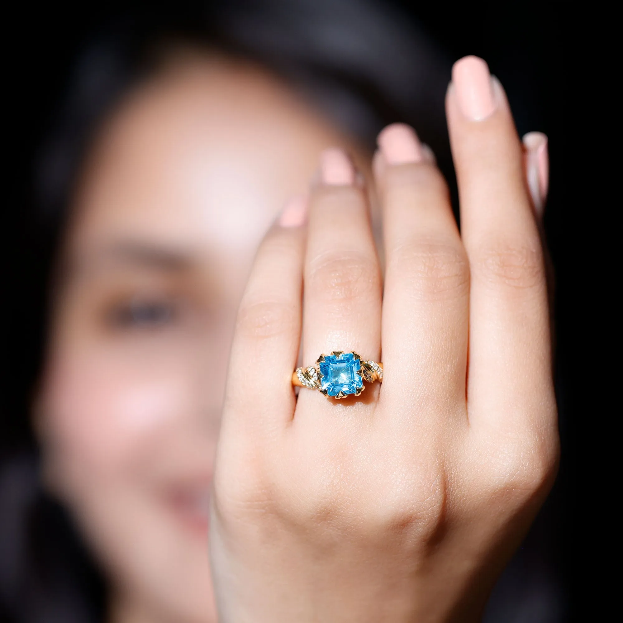 Asscher Cut Swiss Blue Topaz Designer Engagement Ring with Diamond