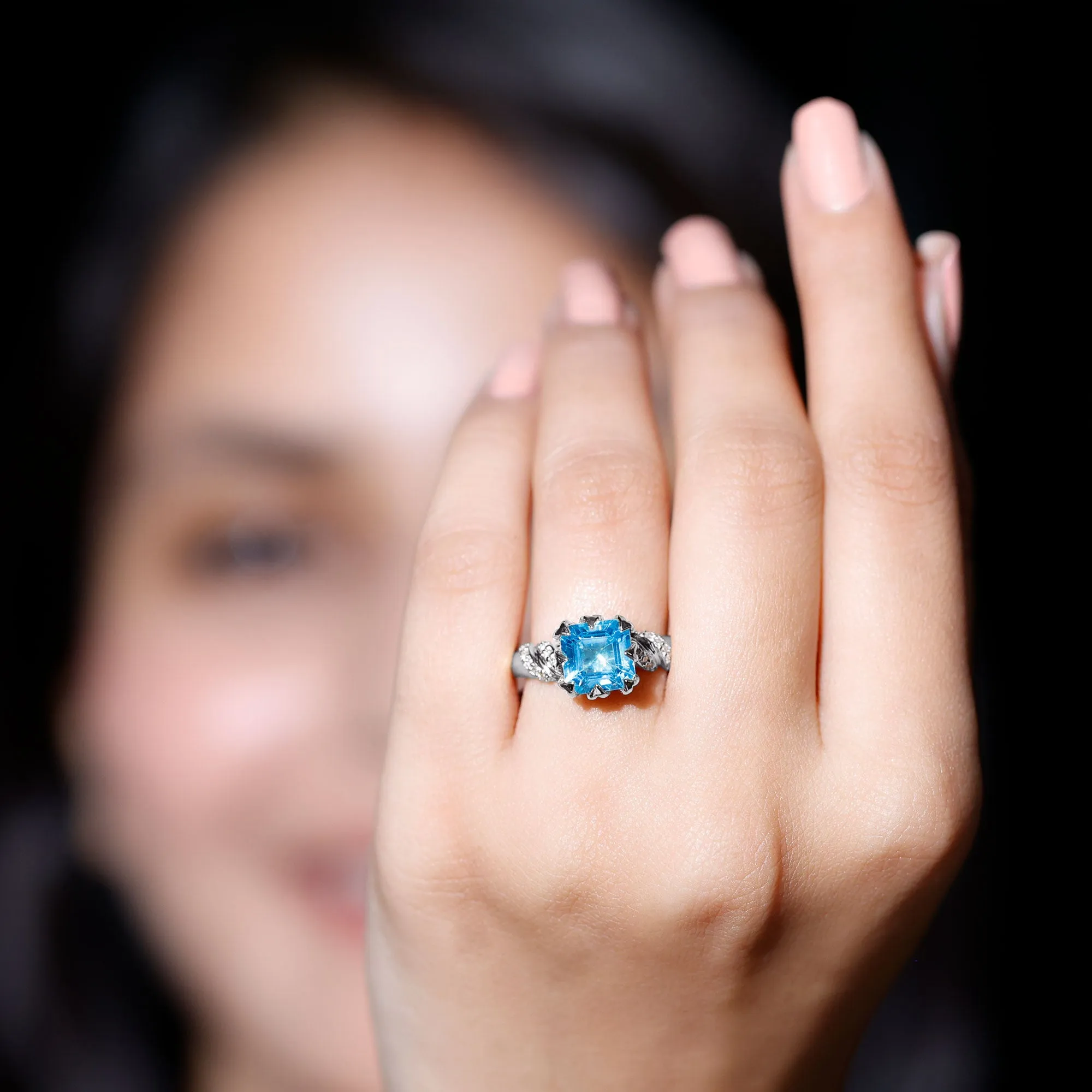 Asscher Cut Swiss Blue Topaz Designer Engagement Ring with Diamond