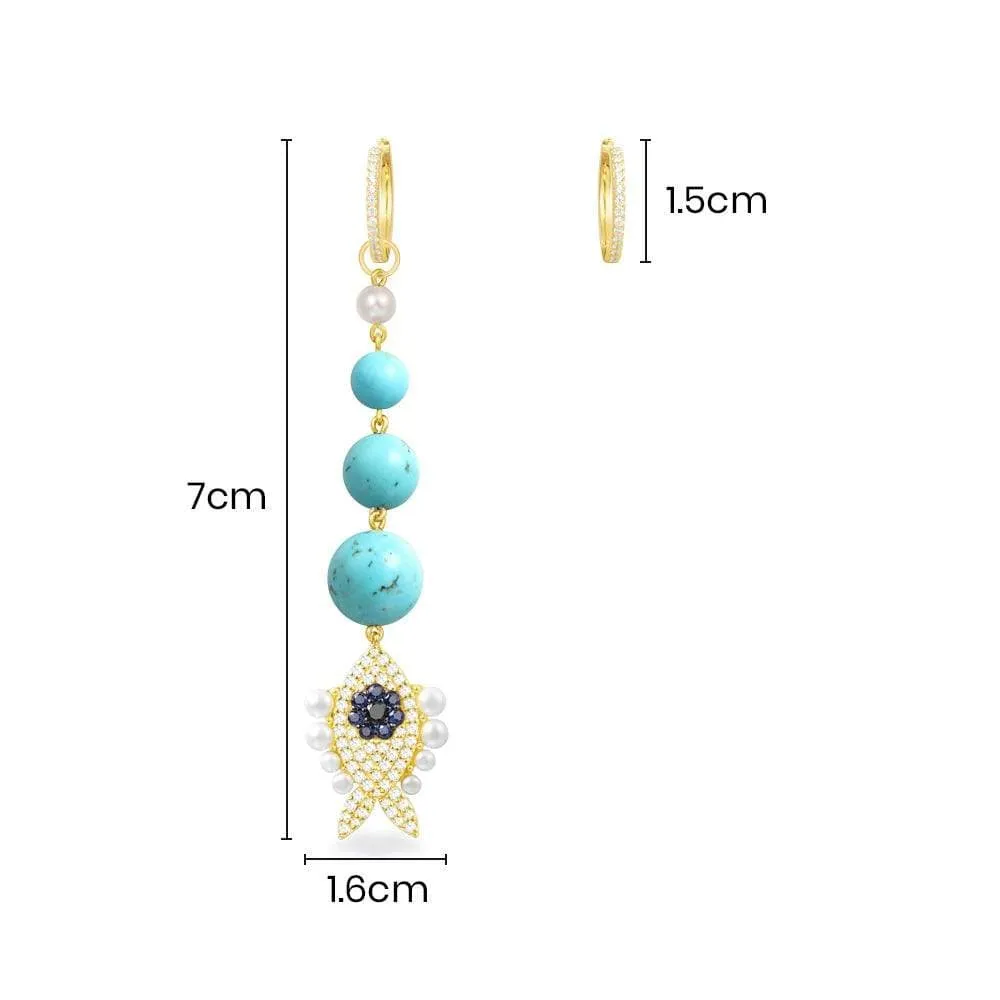 Asymmetric Turquoise Fish Earring and Hoop - Yellow Silver
