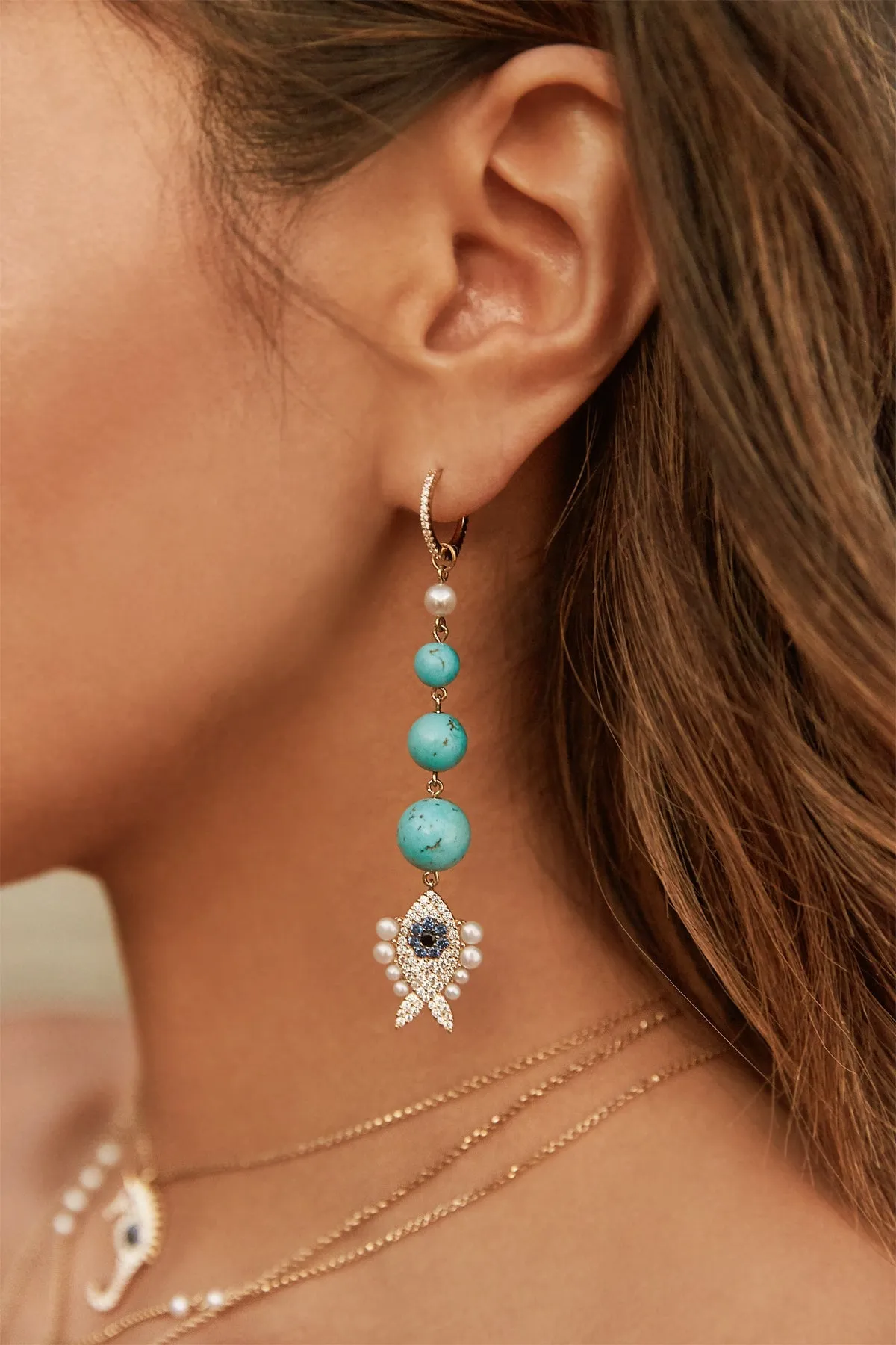 Asymmetric Turquoise Fish Earring and Hoop - Yellow Silver
