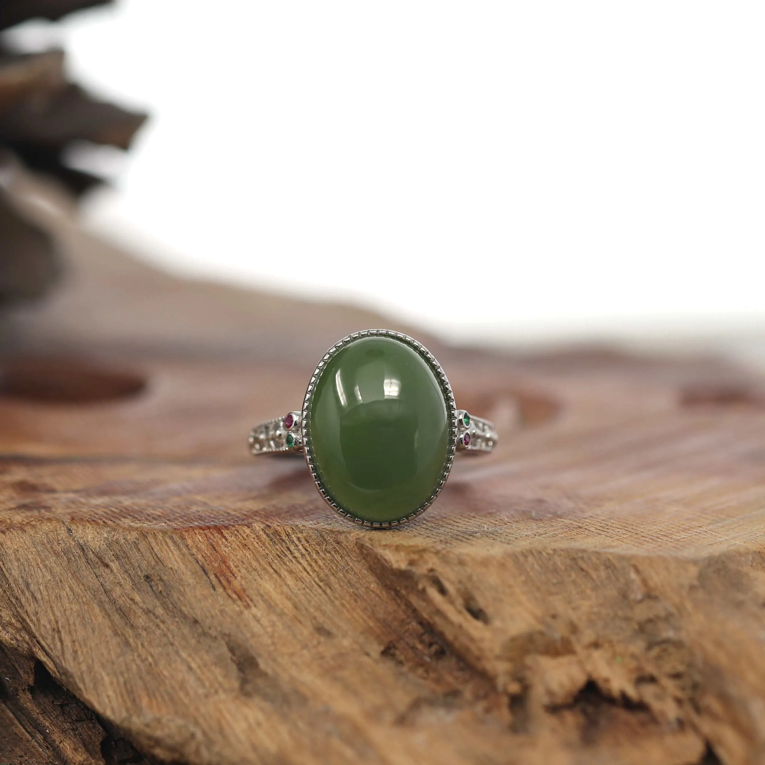 Baikalla "Classic Oval With Accents" Sterling Silver Natural Green Nephrite Jade Adjustable Ring For Her