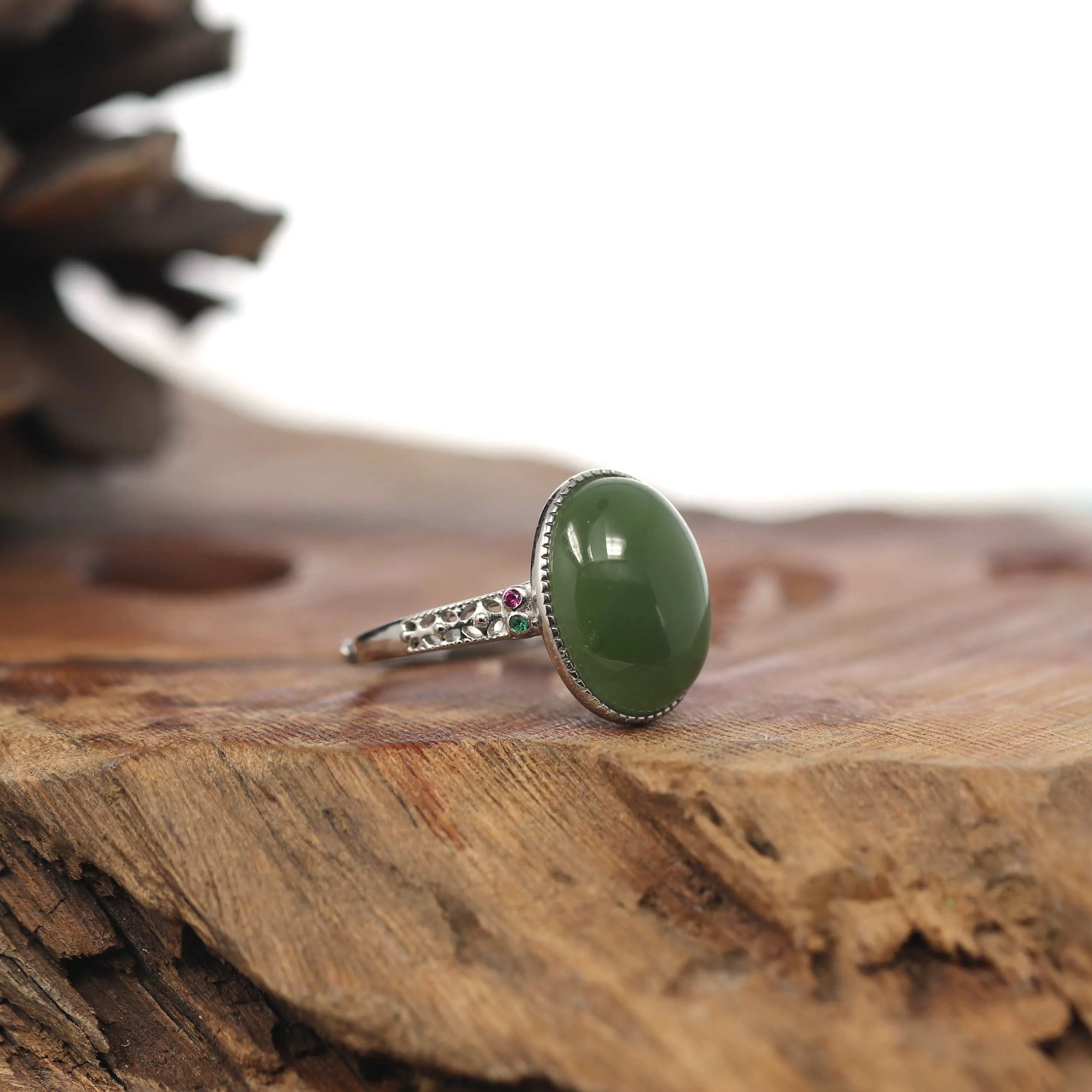 Baikalla "Classic Oval With Accents" Sterling Silver Natural Green Nephrite Jade Adjustable Ring For Her