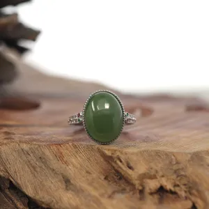 Baikalla "Classic Oval With Accents" Sterling Silver Natural Green Nephrite Jade Adjustable Ring For Her