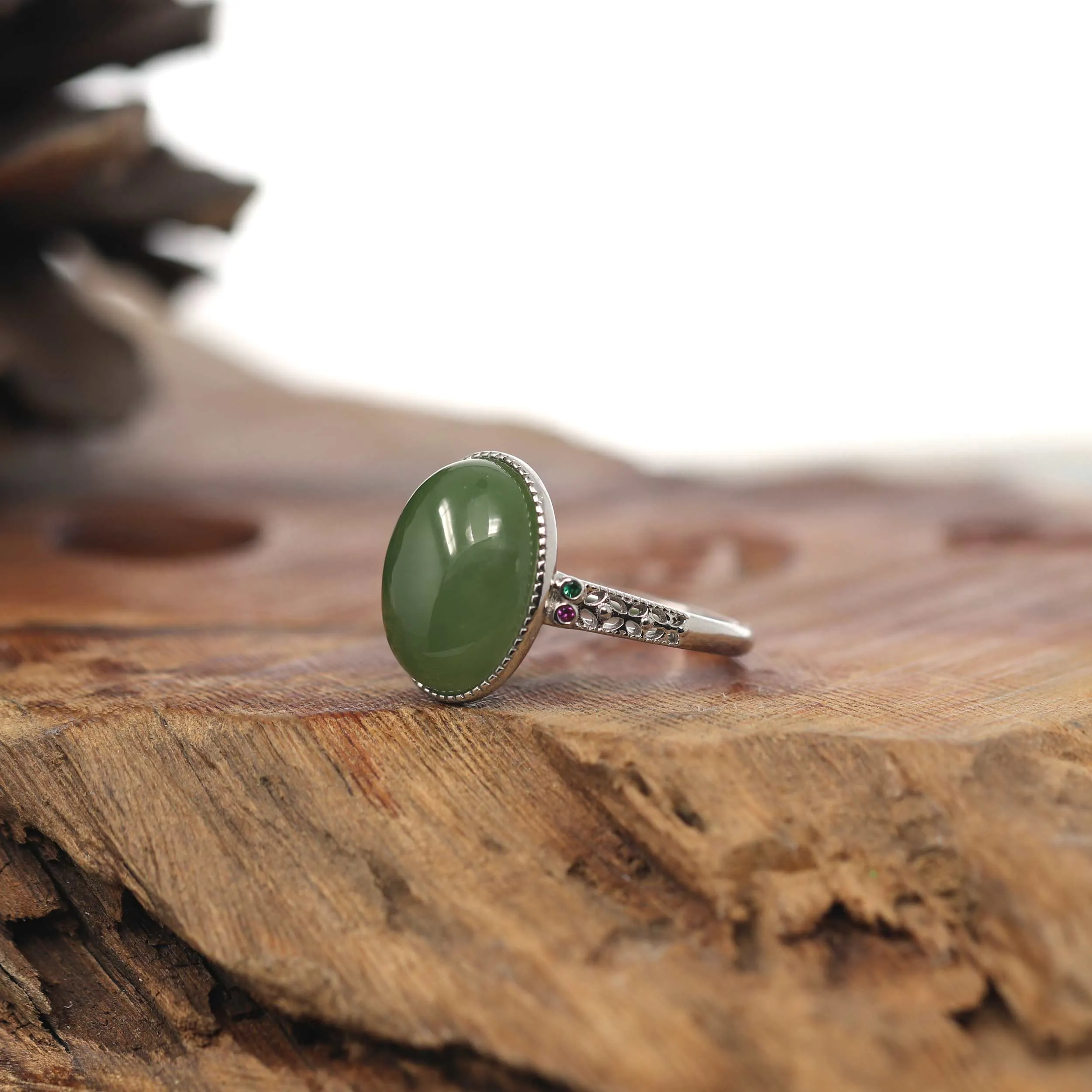 Baikalla "Classic Oval With Accents" Sterling Silver Natural Green Nephrite Jade Adjustable Ring For Her