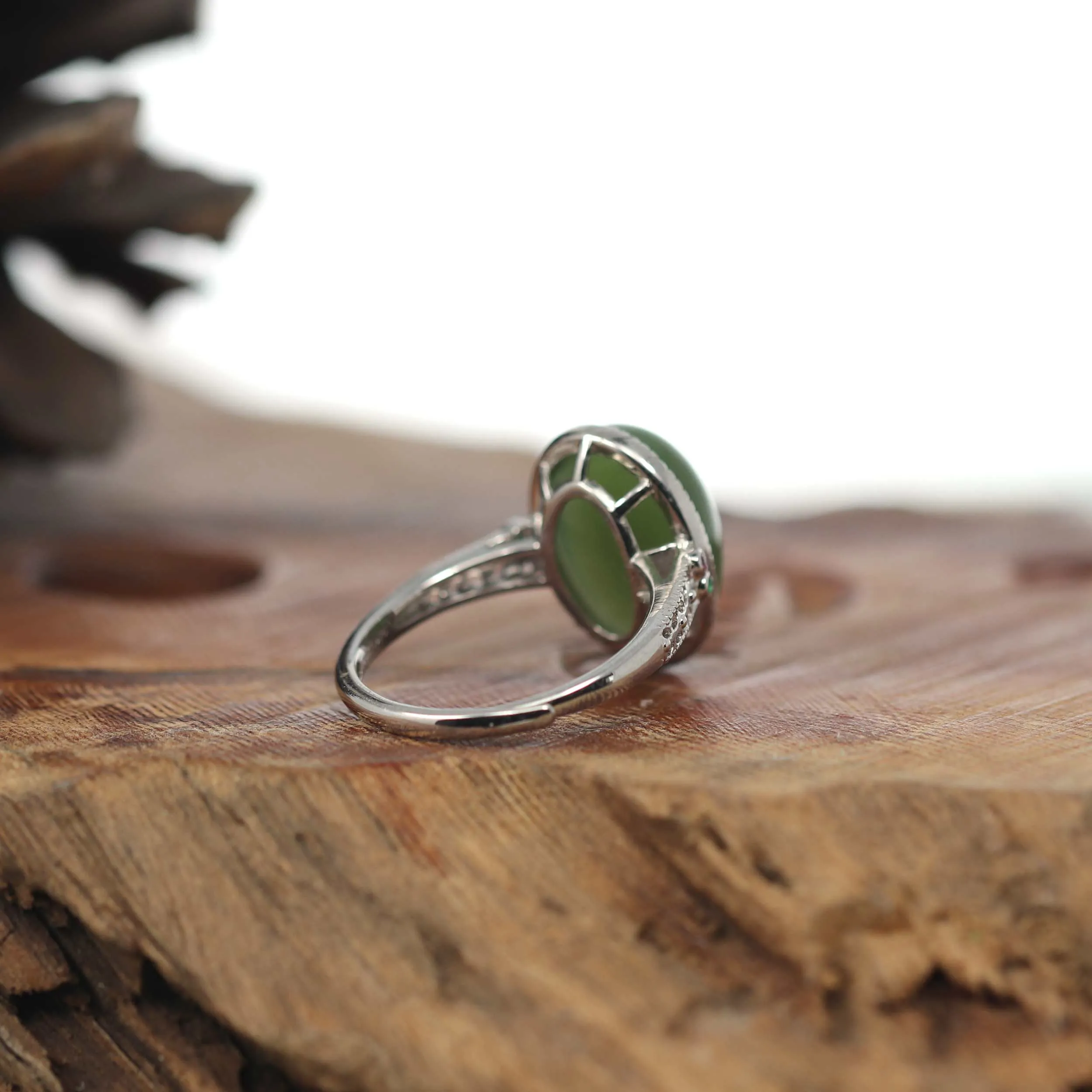 Baikalla "Classic Oval With Accents" Sterling Silver Natural Green Nephrite Jade Adjustable Ring For Her