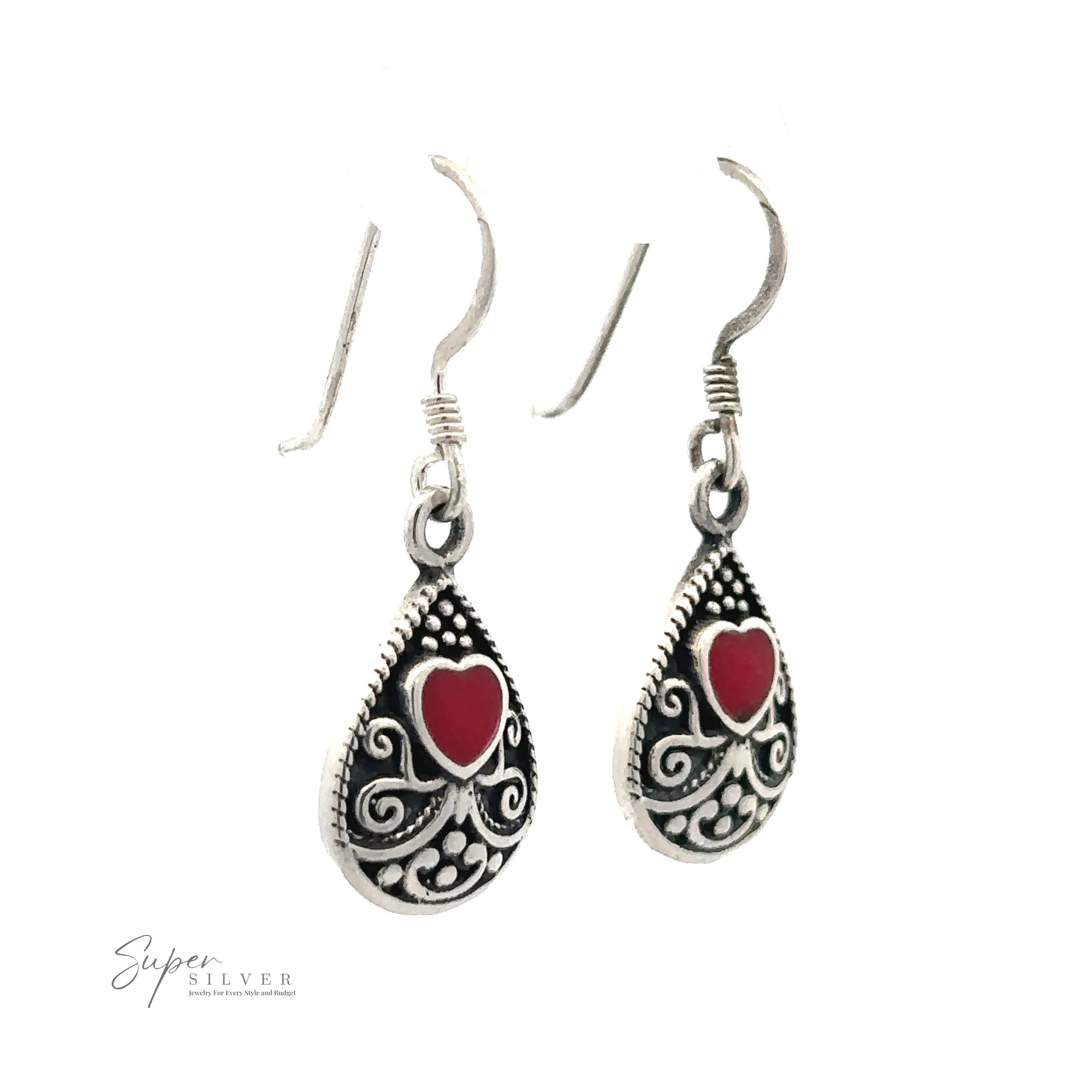 Bali Style Teardrop Earrings with Inlaid Stone