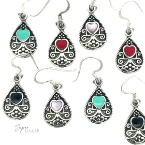 Bali Style Teardrop Earrings with Inlaid Stone