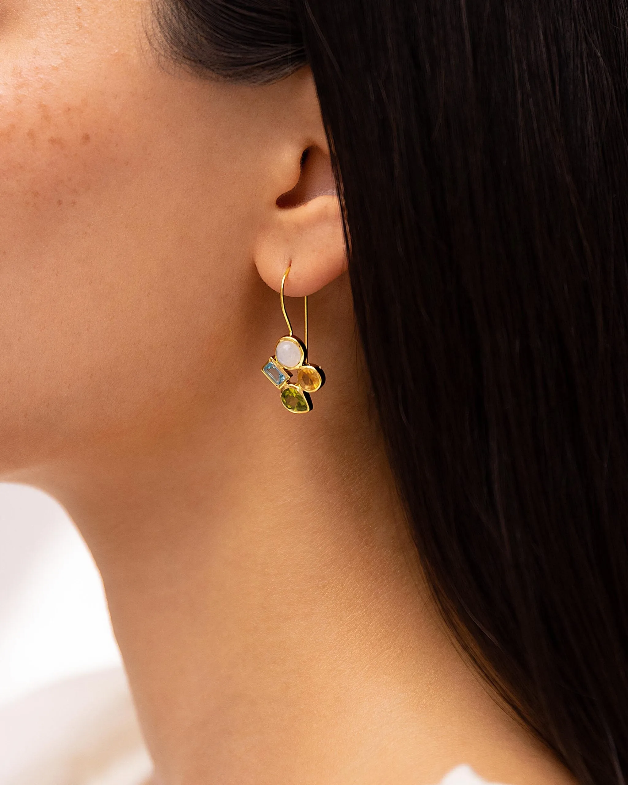 Banyan Citrine, Peridot, Blue Topaz and Rainbow Moonstone Gold Drop Earrings