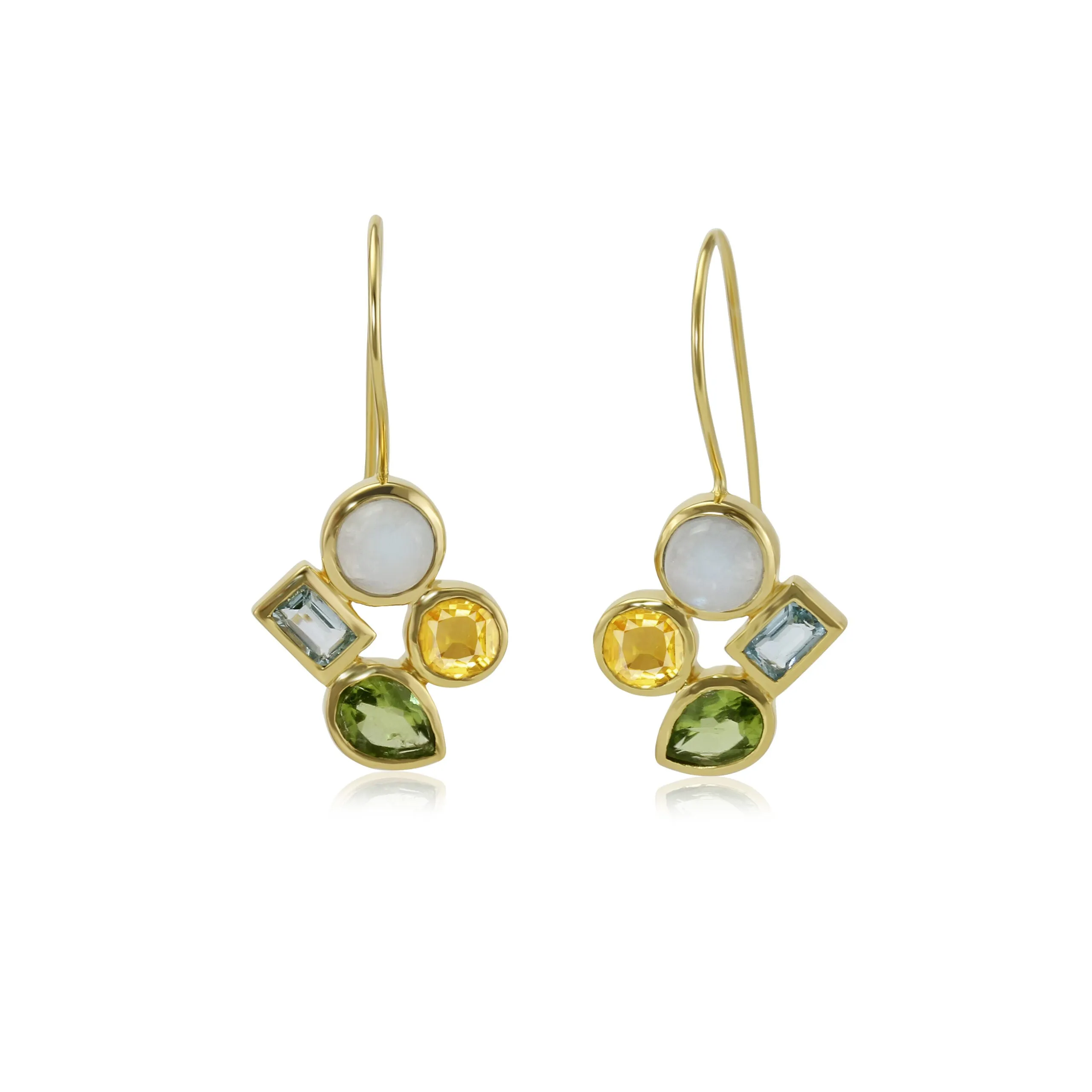 Banyan Citrine, Peridot, Blue Topaz and Rainbow Moonstone Gold Drop Earrings