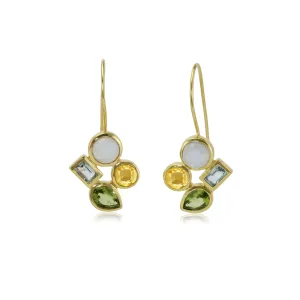 Banyan Citrine, Peridot, Blue Topaz and Rainbow Moonstone Gold Drop Earrings