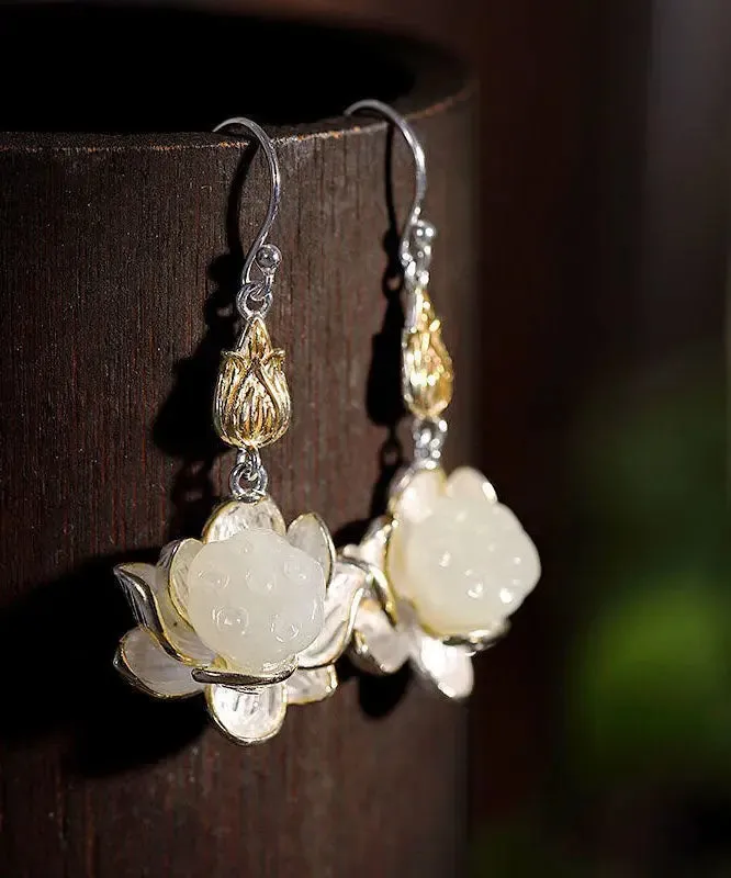 Beautiful White Sterling Silver Jade Lotus Drop Earrings LY8628