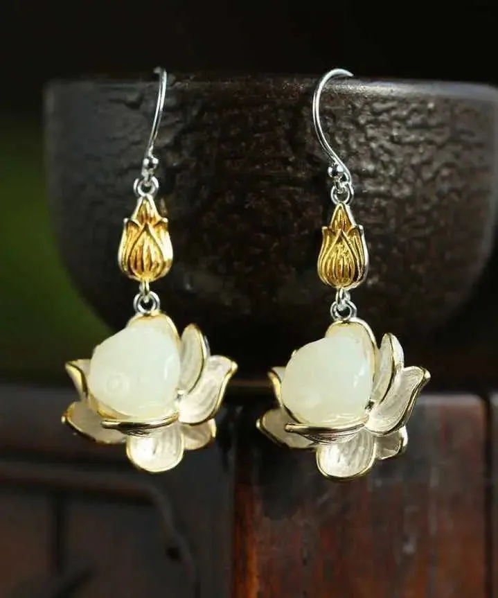 Beautiful White Sterling Silver Jade Lotus Drop Earrings LY8628