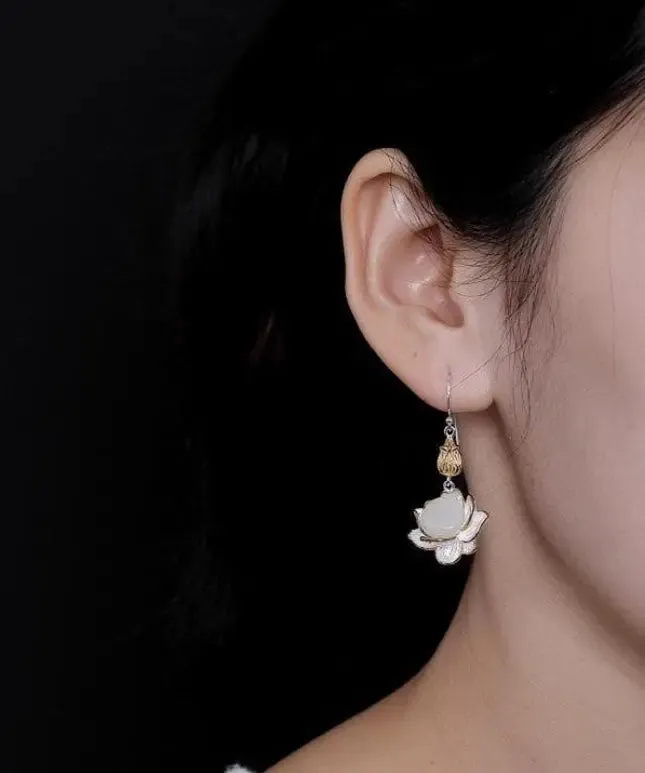 Beautiful White Sterling Silver Jade Lotus Drop Earrings LY8628