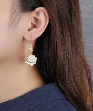 Beautiful White Sterling Silver Jade Lotus Drop Earrings LY8628