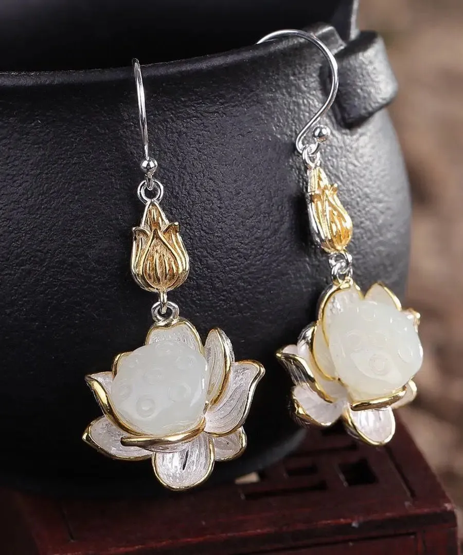 Beautiful White Sterling Silver Jade Lotus Drop Earrings LY8628
