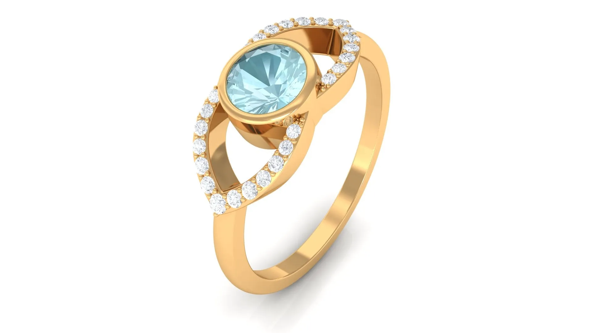 Bezel Set Solitaire Sky Blue Topaz and Diamond Ring in Split Shank