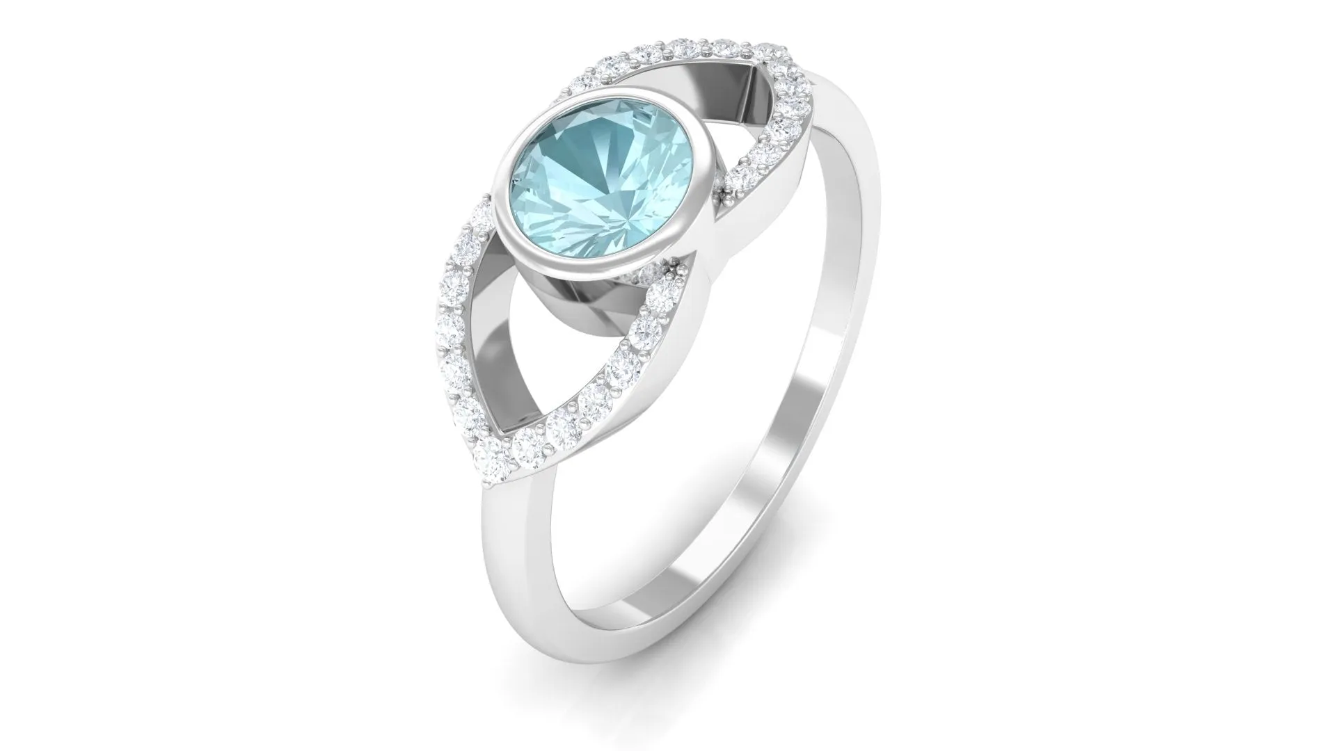 Bezel Set Solitaire Sky Blue Topaz and Diamond Ring in Split Shank