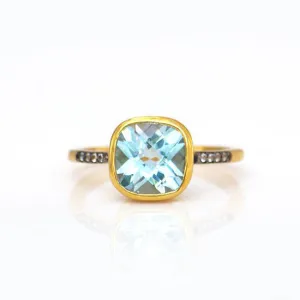 Blue Topaz Pave Cushion Ring: December Birthstone