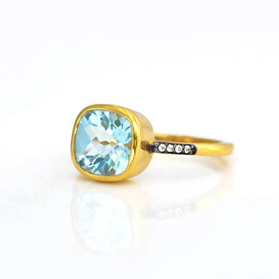 Blue Topaz Pave Cushion Ring: December Birthstone