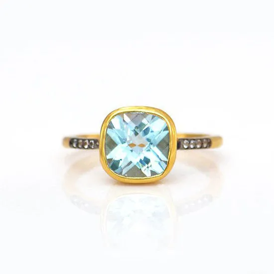 Blue Topaz Pave Cushion Ring: December Birthstone
