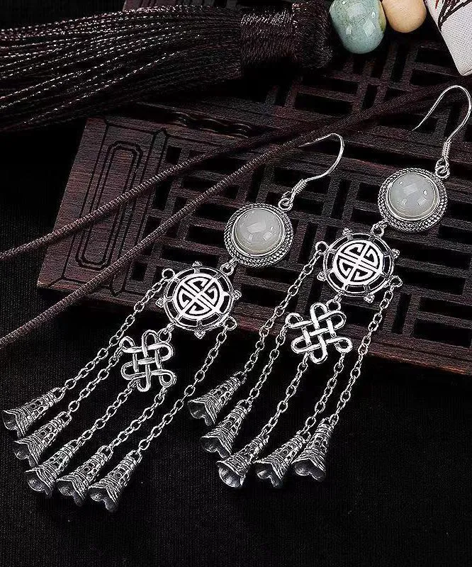 Boho Jade Patchwork Tassel Silver Drop Earrings LY9146