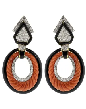 Carved Coral and Black Enamel Hoops