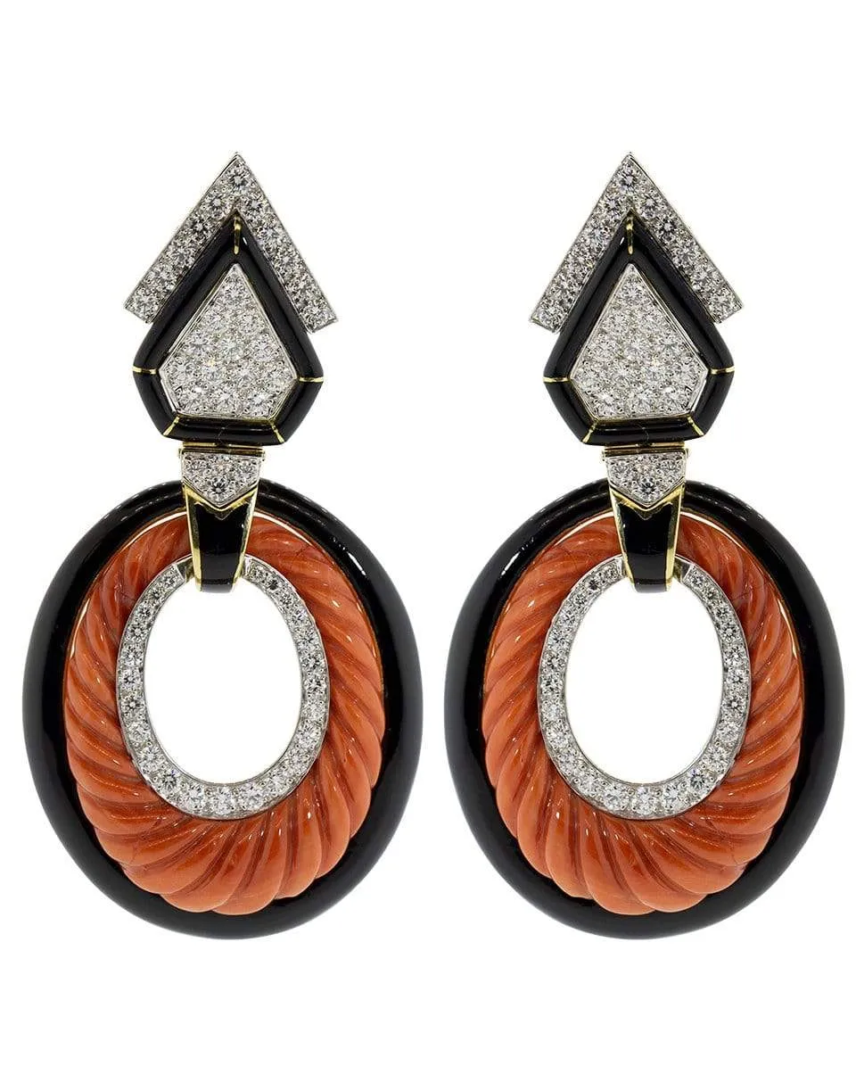 Carved Coral and Black Enamel Hoops