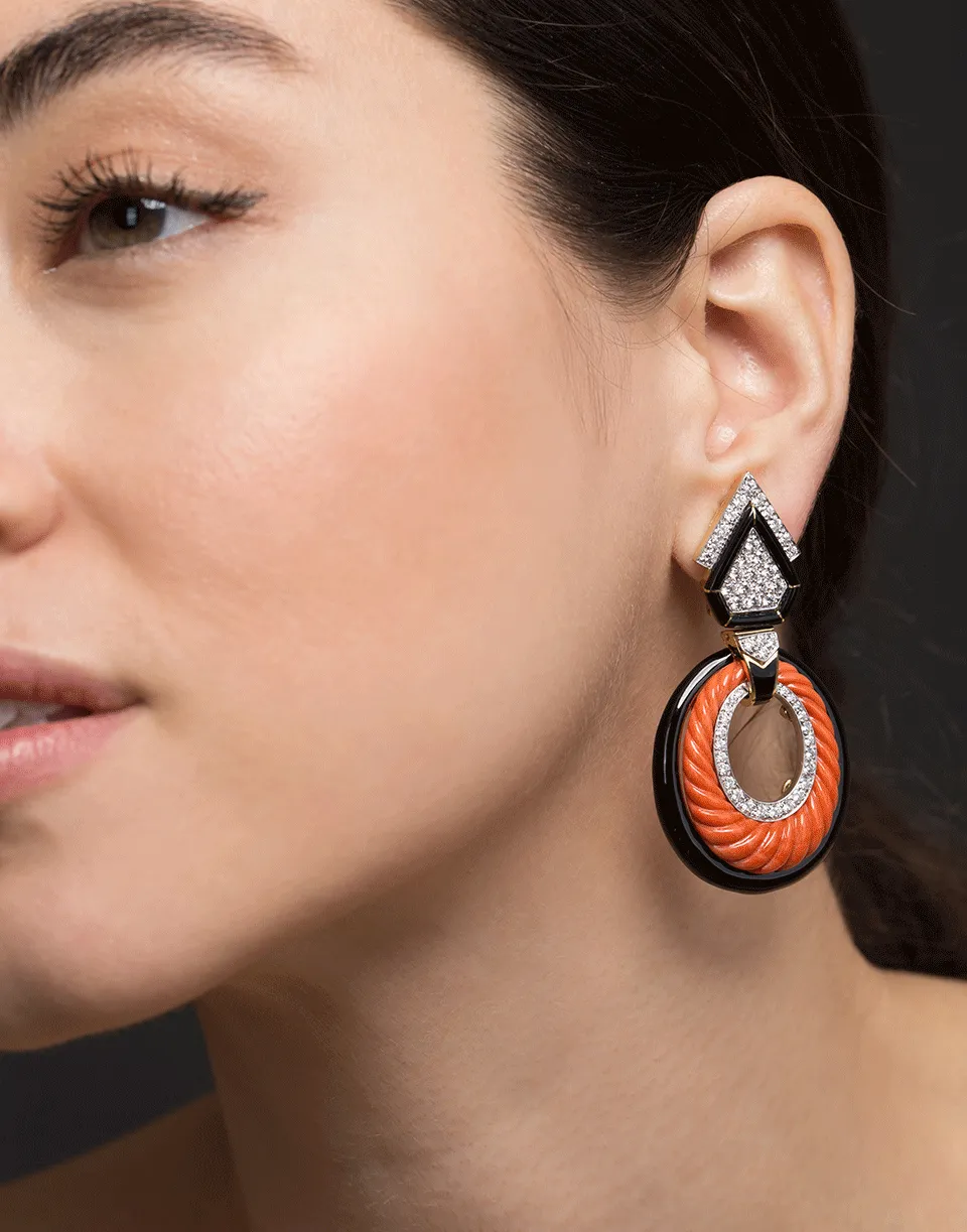 Carved Coral and Black Enamel Hoops