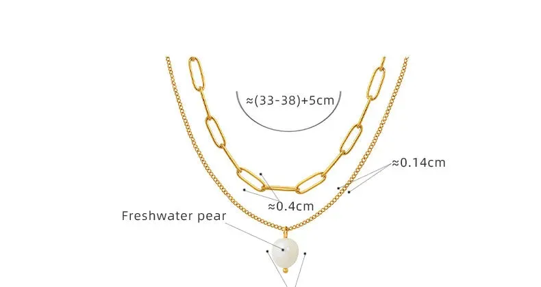 Classic Elegant Double Layer Freshwater Pearl Pendant Stainless Steel Choke Chain Necklace for Women
