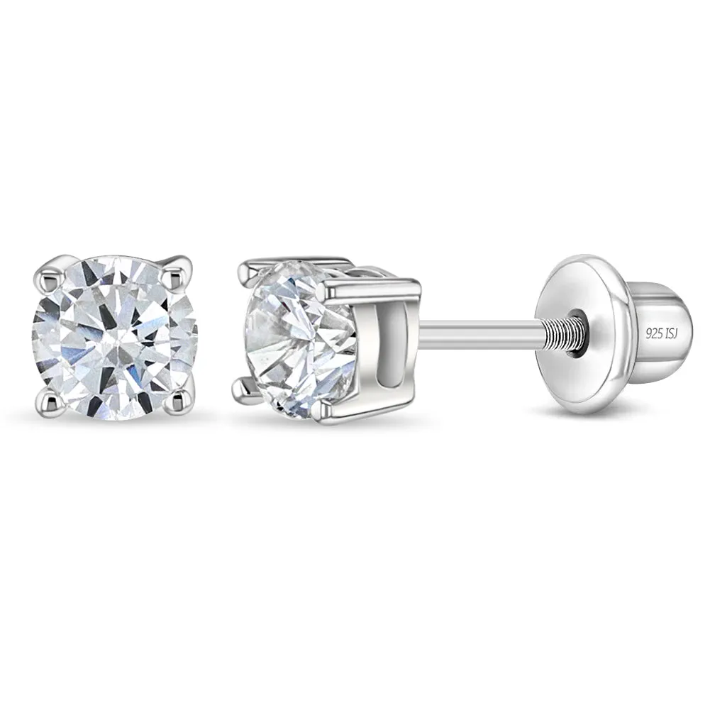 Classic Round Solitaire 4mm Baby / Toddler / Kids Earrings Screw Back - Sterling Silver